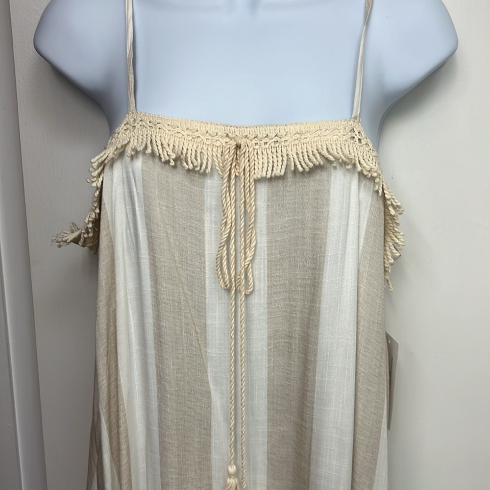 10. Olive Scent  White & khaki linen Dress Spaghetti straps, Fringe, Medium NWT - Picture 2 of 12